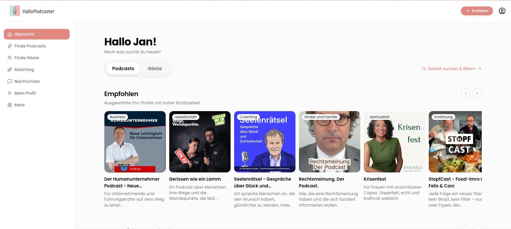 HalloPodcaster Marktplatz – Dashboard mit Podcasts und Gästen